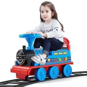 Train ride on toy for kids 6V with lights and sounds storage and tracks blue